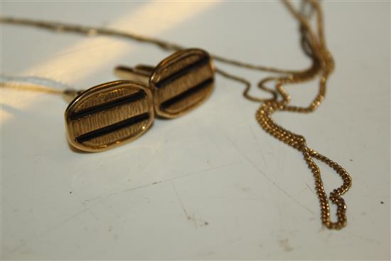 Pair of textured yellow metal rectangular cufflinks (purchased as 18ct gold) & two fine gold chains & plated chain(-)